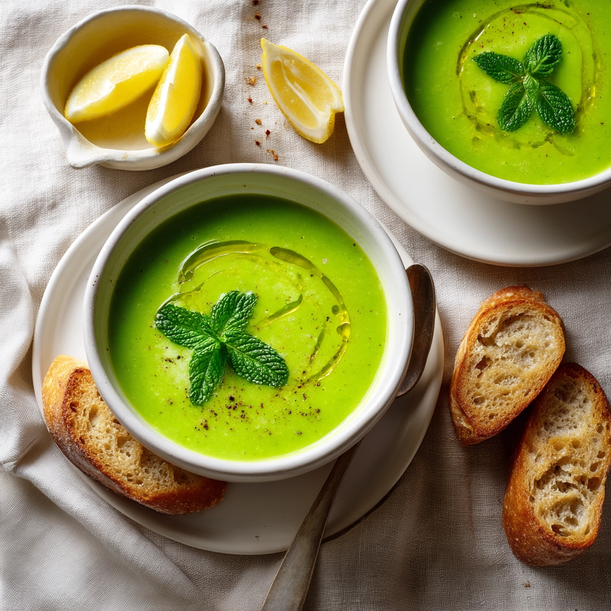 Bowl of spring pea soup served on a table with crusty bread and roasted asparagus as side dishes - spring pea soup recipe