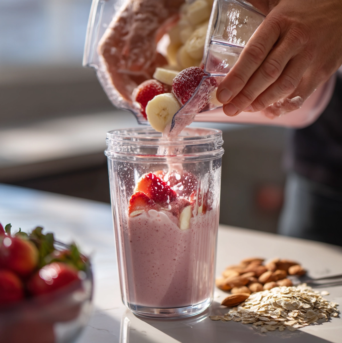 hands adding frozen strawberries to blender for strawberry banana smoothie recipe preparation