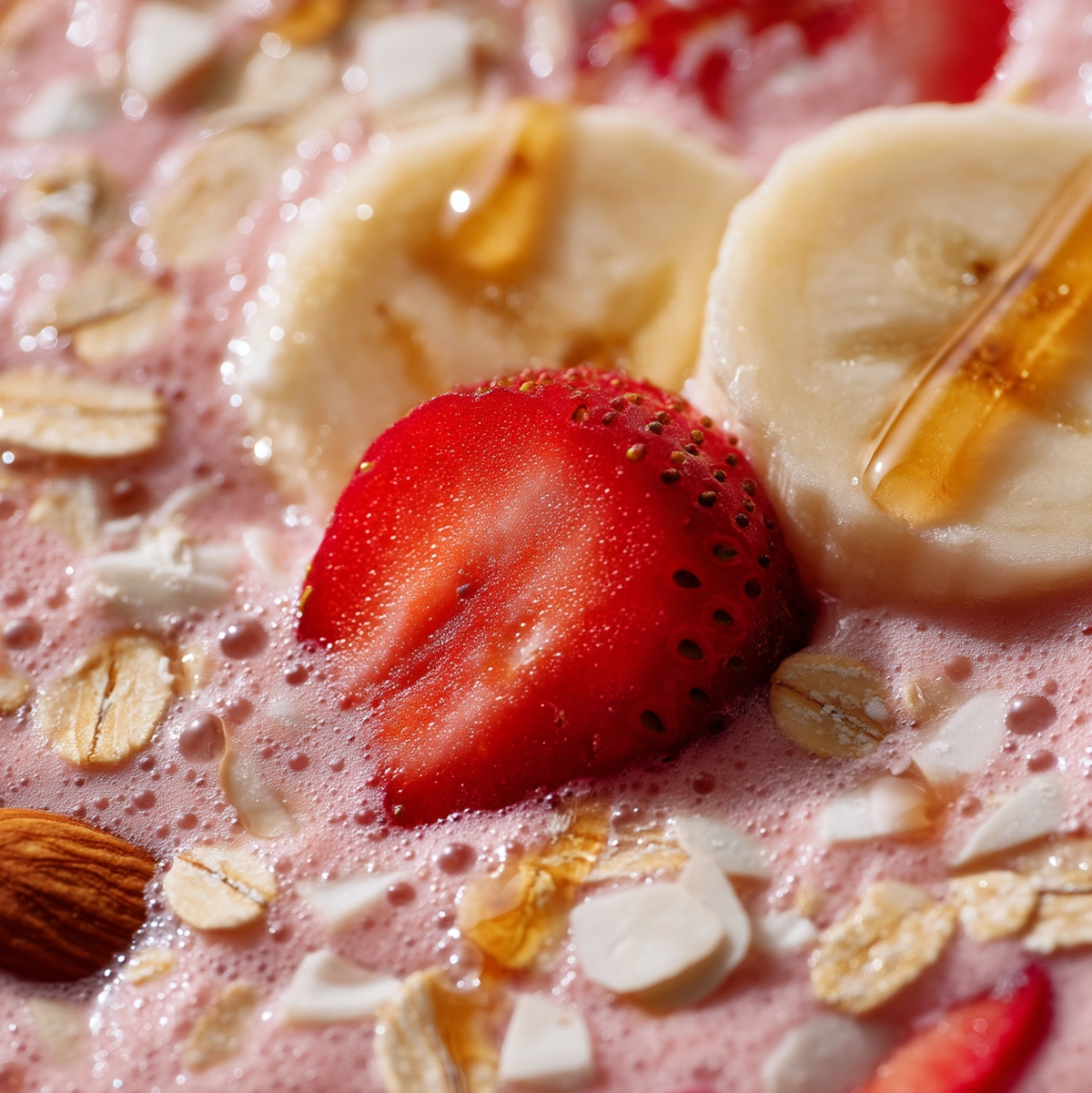 close-up detail of strawberry banana smoothie texture showing thick creamy consistency - strawberry banana smoothie recipe