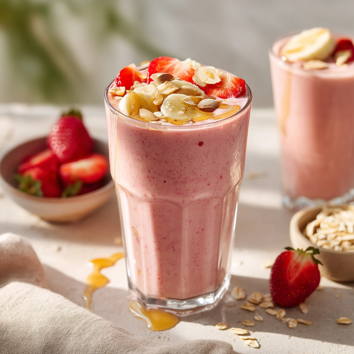 strawberry banana smoothie recipe served at breakfast table with toast and fresh fruit