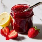 strawberry jam recipe hero shot 45 degree angle on bright table