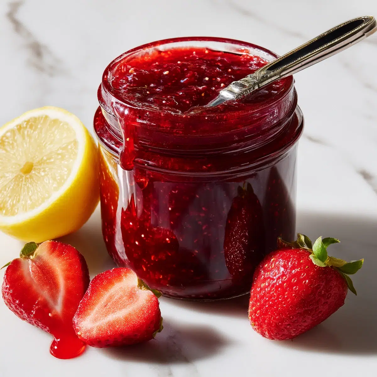 strawberry jam recipe hero shot 45 degree angle on bright table