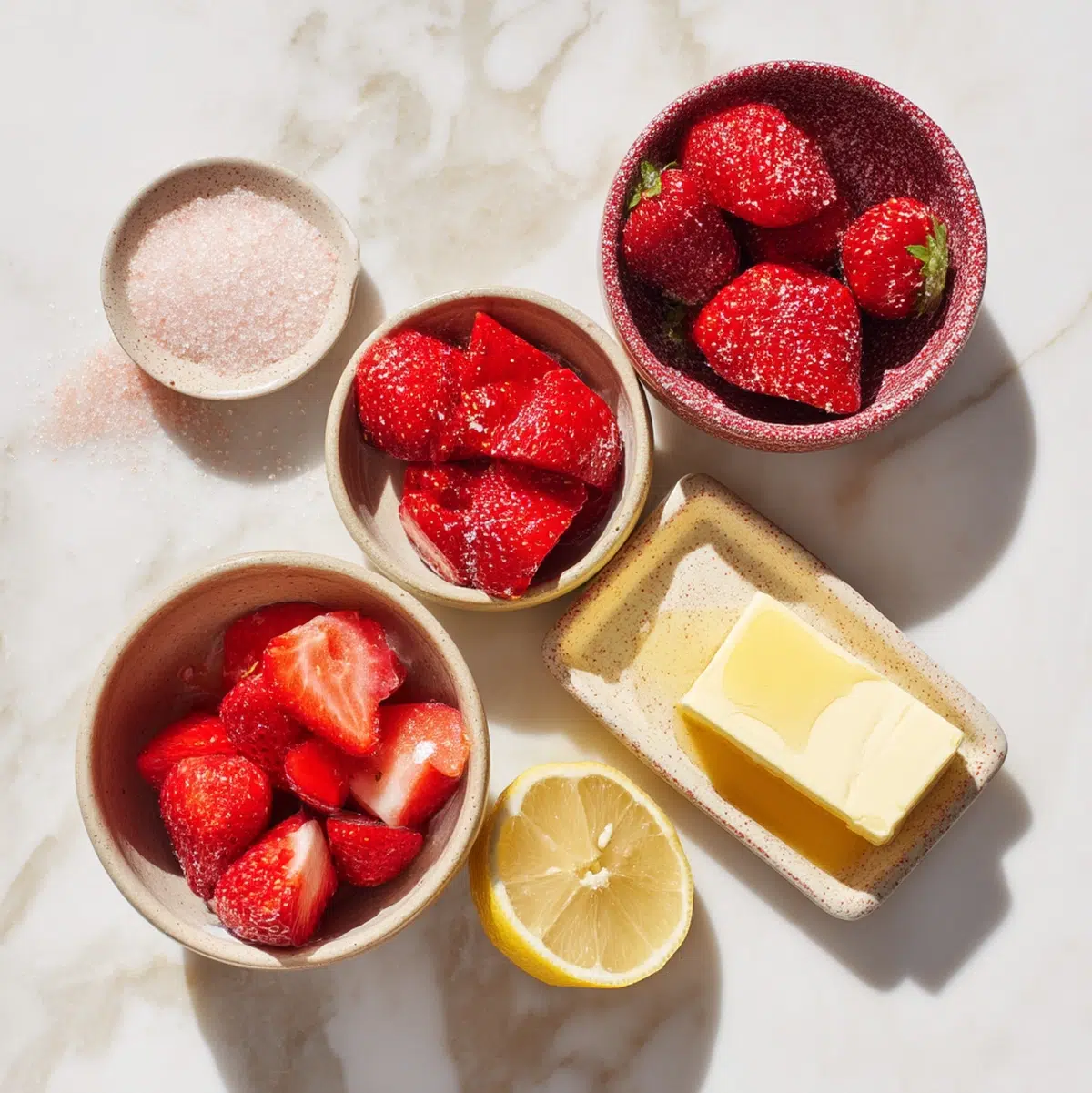 strawberry jam recipe ingredients flat-lay showing fresh strawberries, granulated sugar, lemon juice, and butter on a white marble surface