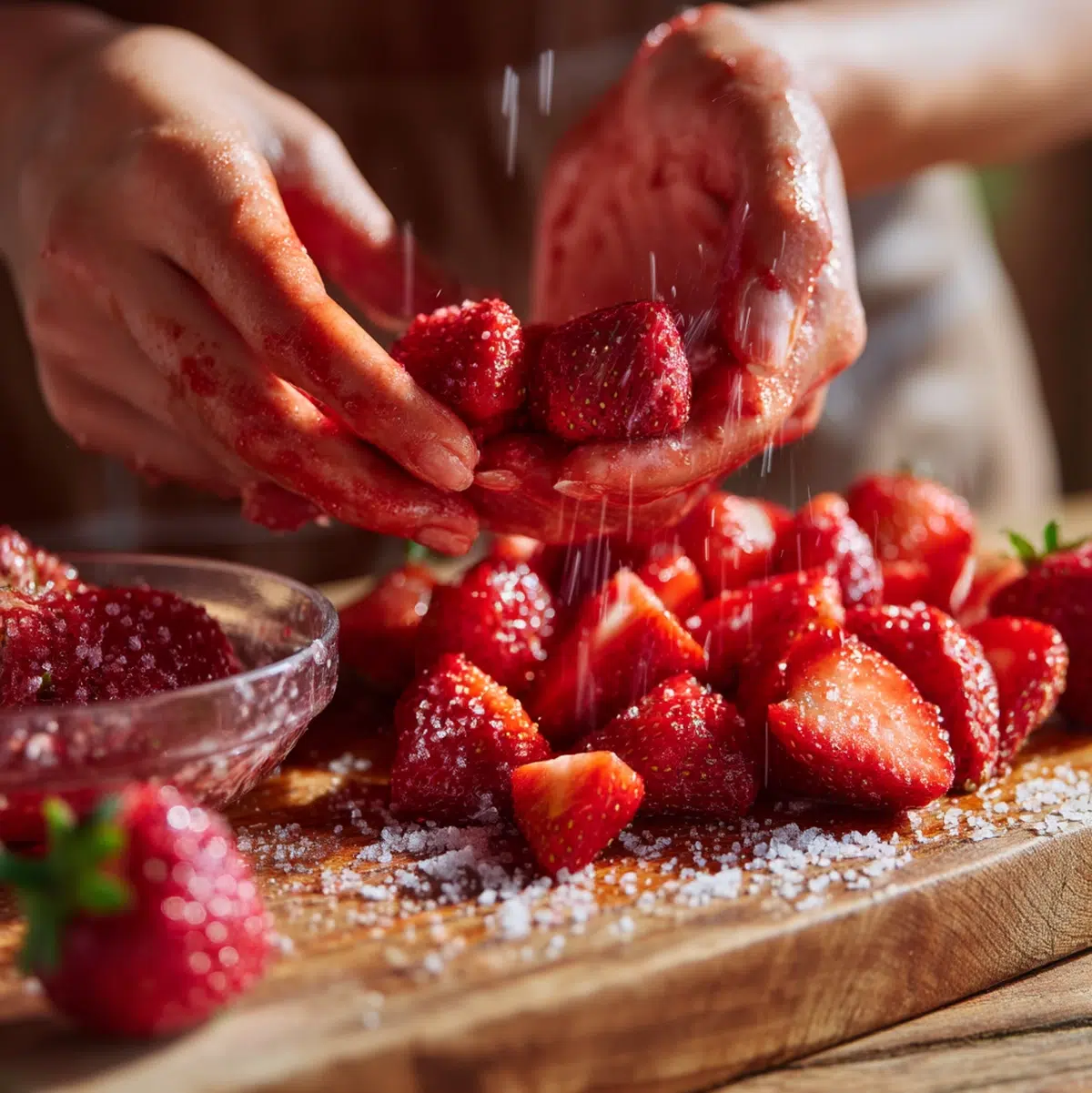 hands hulling and quartering fresh strawberries into a large heavy-bottomed pot for strawberry jam recipe