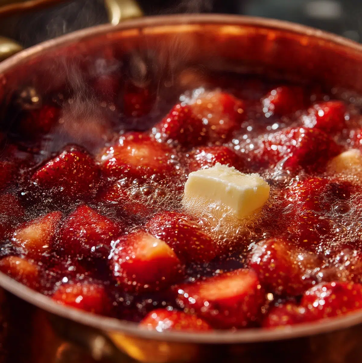 strawberry jam boiling in a pot reaching 220 degrees Fahrenheit showing the cooking transformation from fresh fruit to thick jam