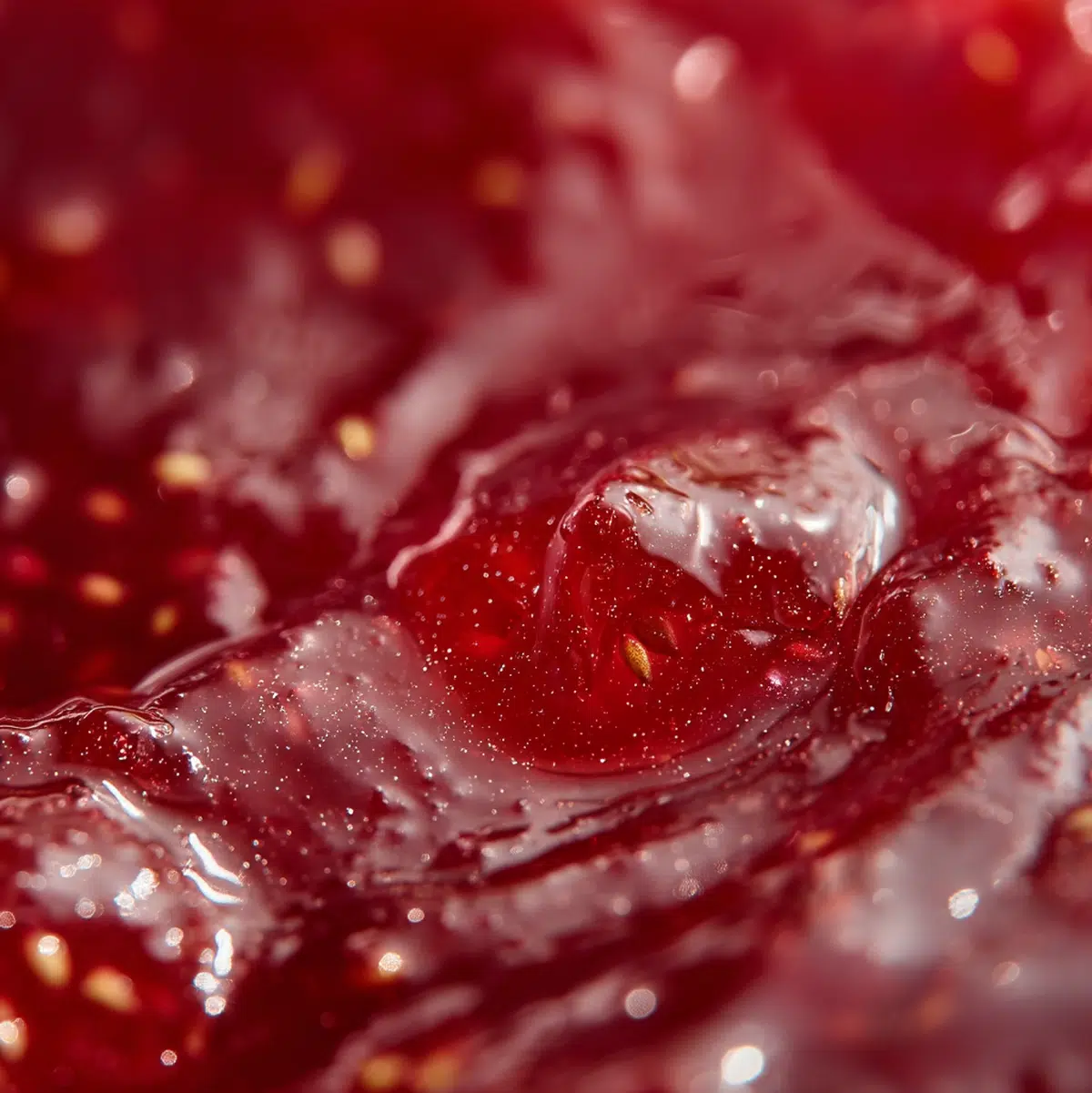 close-up detail of homemade strawberry jam texture in a jar showing the glossy thick set with visible fruit pieces