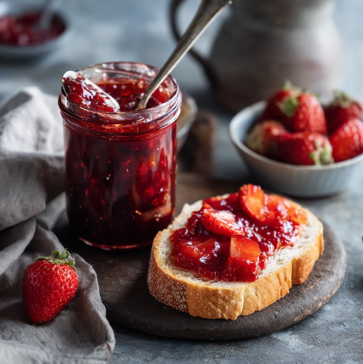 homemade strawberry jam served on a rustic wooden table with toast biscuits and a jar of jam in a natural light setting