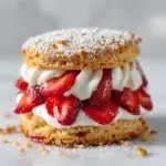 strawberry shortcake recipe hero shot 45 degree angle on bright table