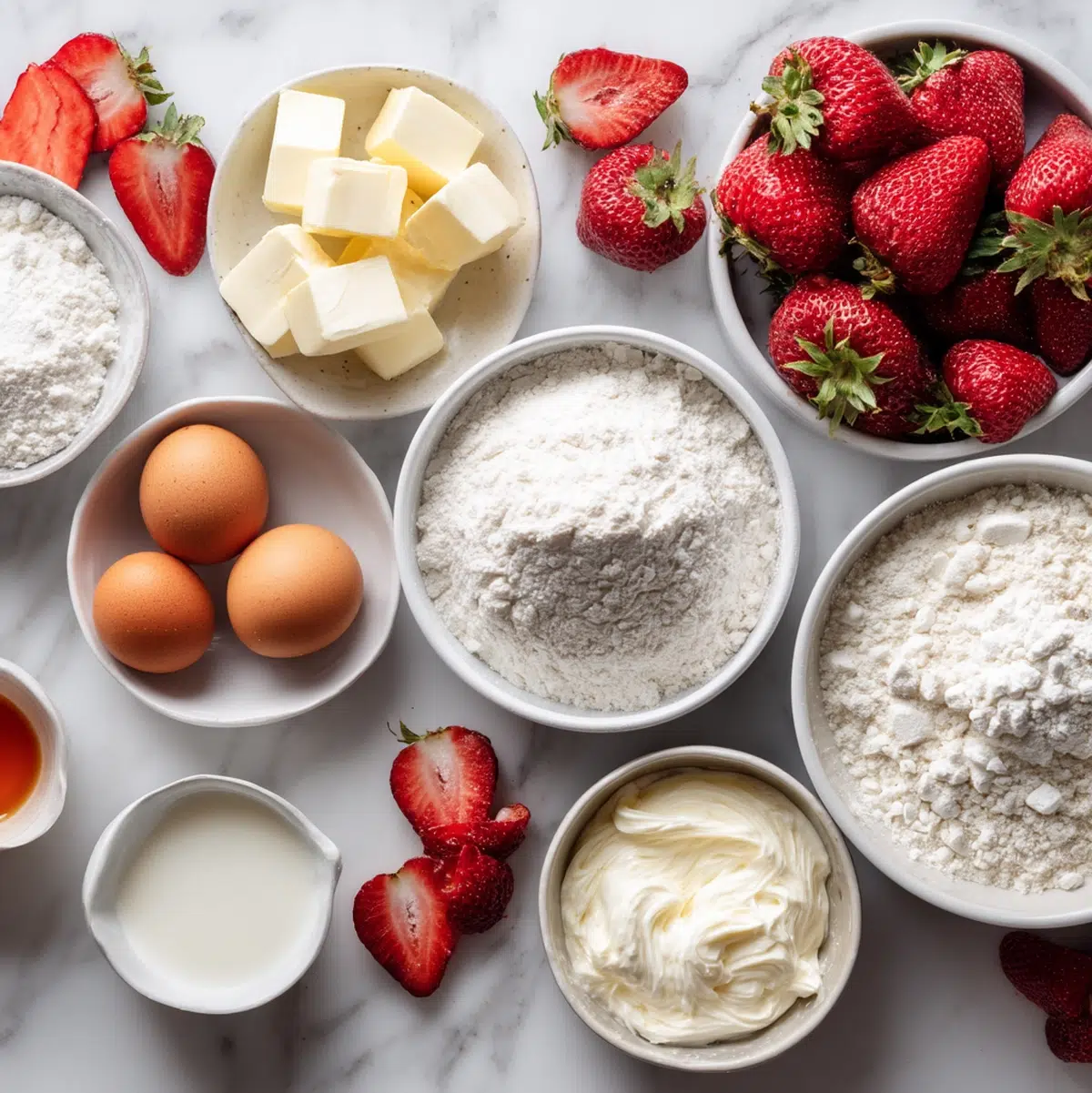 ingredients for strawberry shortcake recipe arranged in prep bowls overhead view