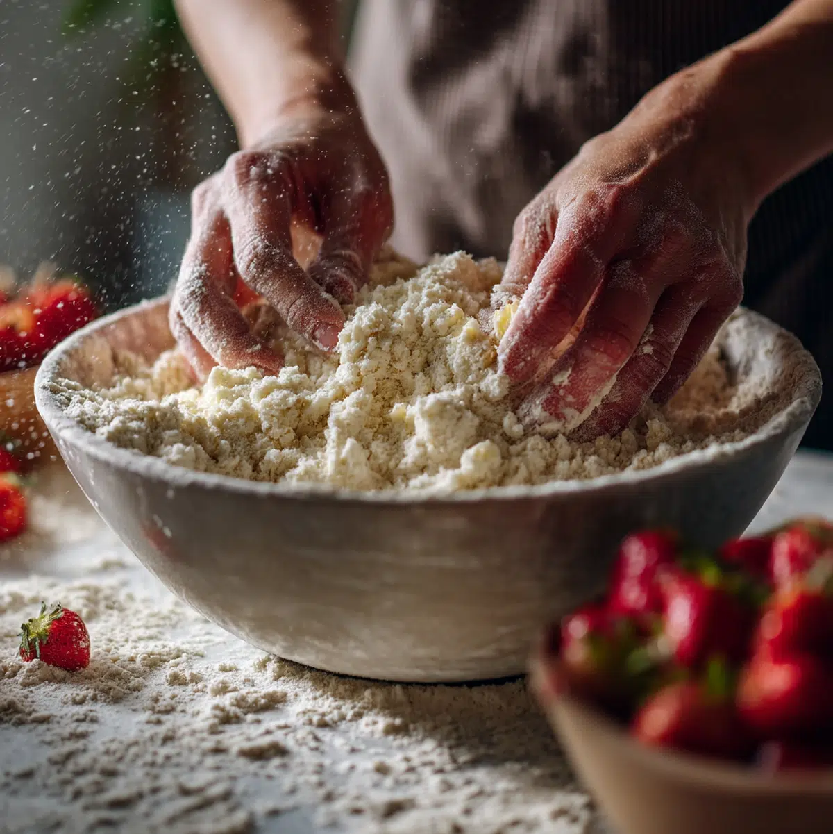hands preparing strawberry shortcake recipe on a cutting board kitchen scene