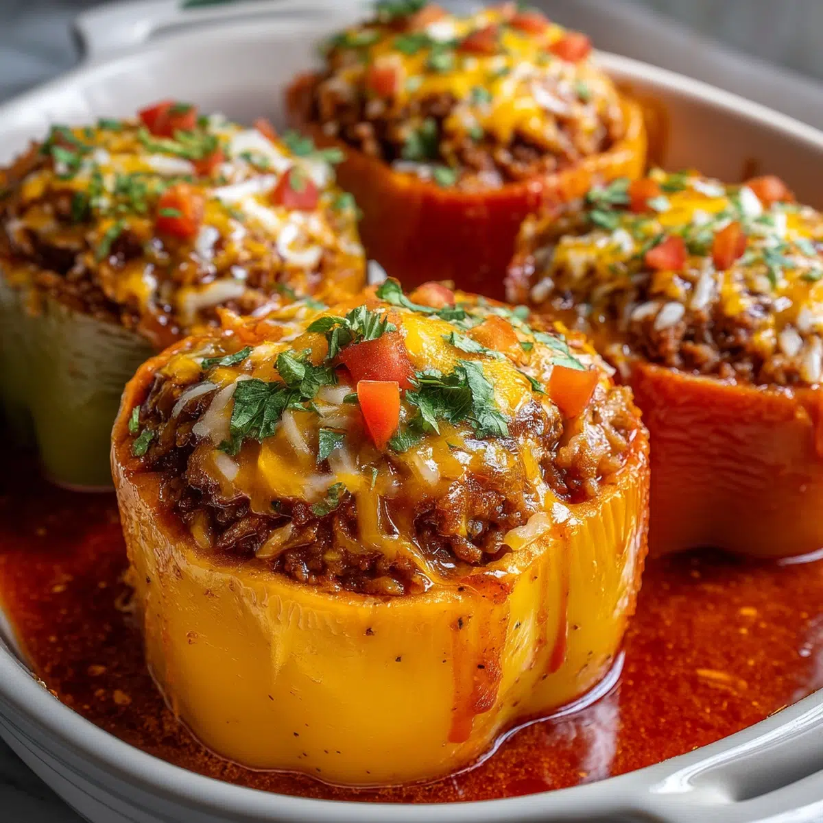 stuffed bell peppers recipe hero shot 45 degree angle on bright table