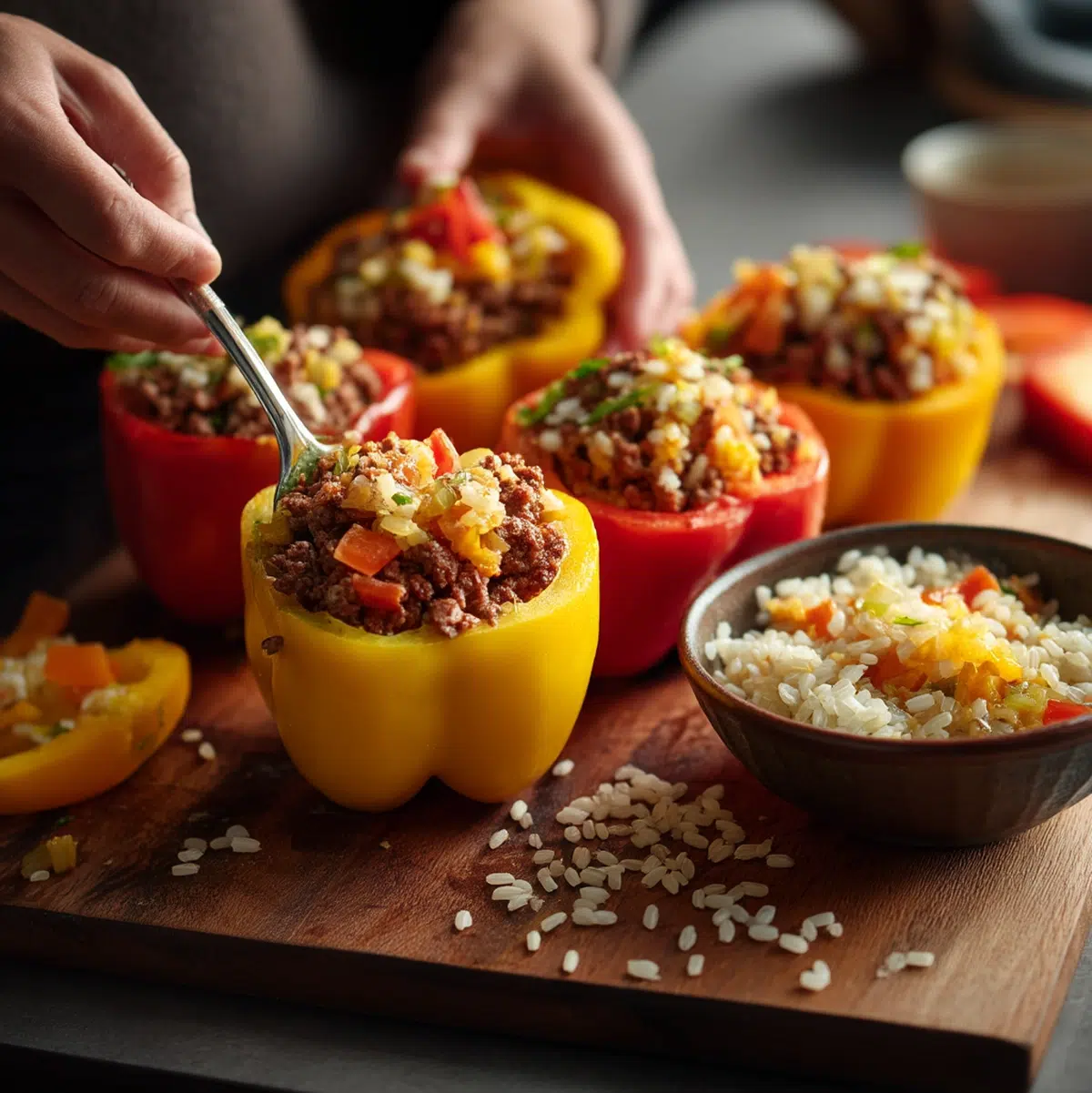 hands hollowing out bell peppers and preparing them for stuffed bell peppers recipe