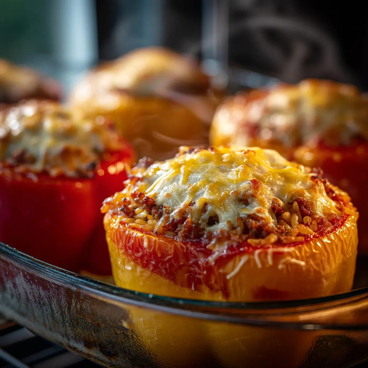 stuffed bell peppers in baking dish with bubbling cheese after removing foil at the 35-minute mark