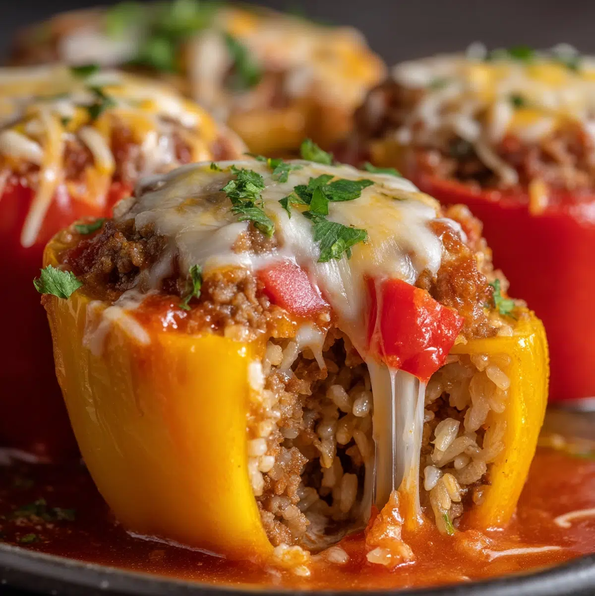 close-up detail of stuffed bell pepper cross-section showing layered filling with rice, beef, and tomato