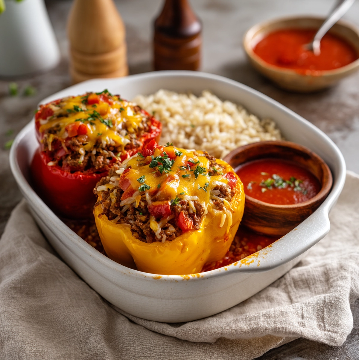 stuffed bell peppers served on a table with cucumber salad and bread as complete meal - stuffed bell peppers recipe
