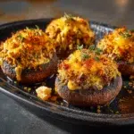 stuffed mushrooms recipe hero shot 45 degree angle on bright table