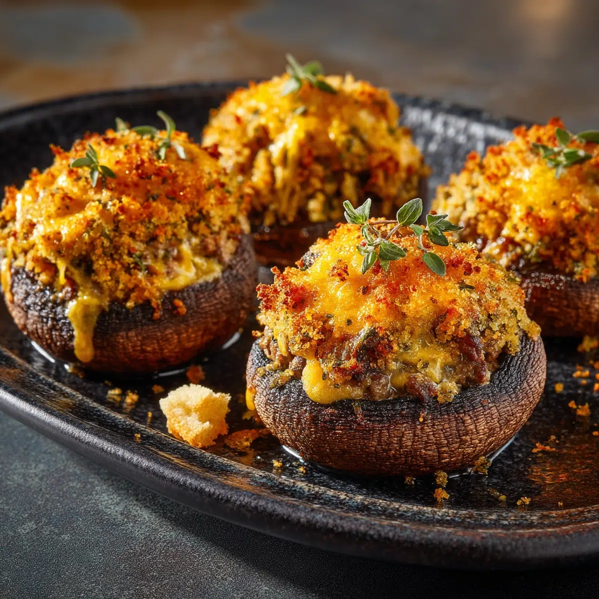 stuffed mushrooms recipe hero shot 45 degree angle on bright table