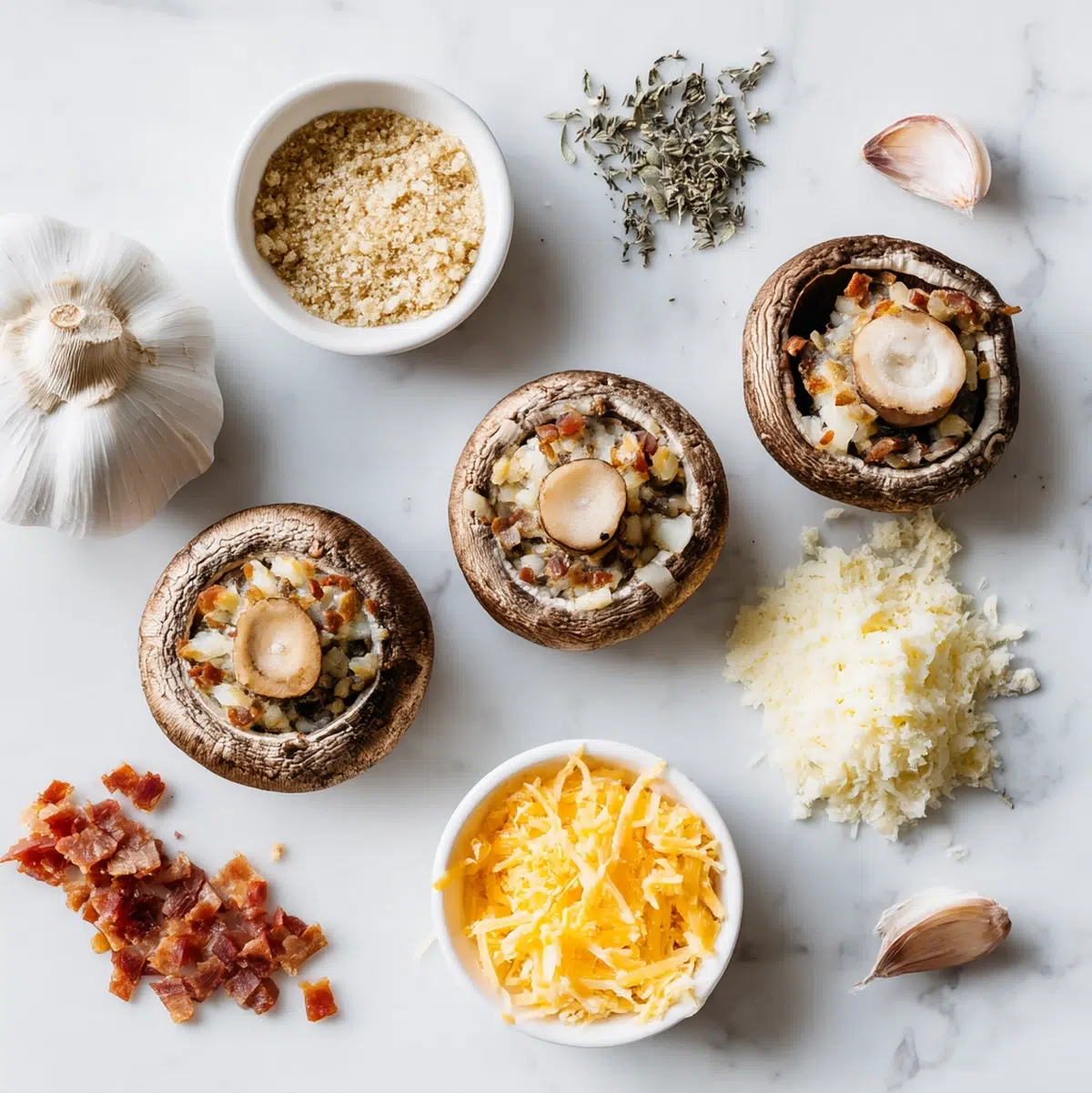 Stuffed mushrooms recipe ingredients flat-lay showing portobello caps, halal beef strips, shallot, garlic, breadcrumbs, sage, and cheddar cheese