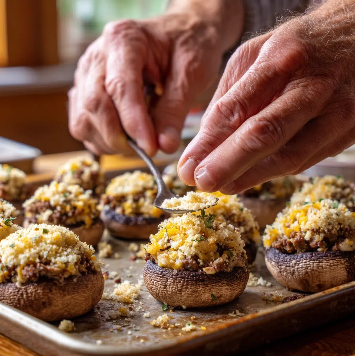 Hands chopping shallot and mushroom stalks on a cutting board for stuffed mushrooms recipe prep