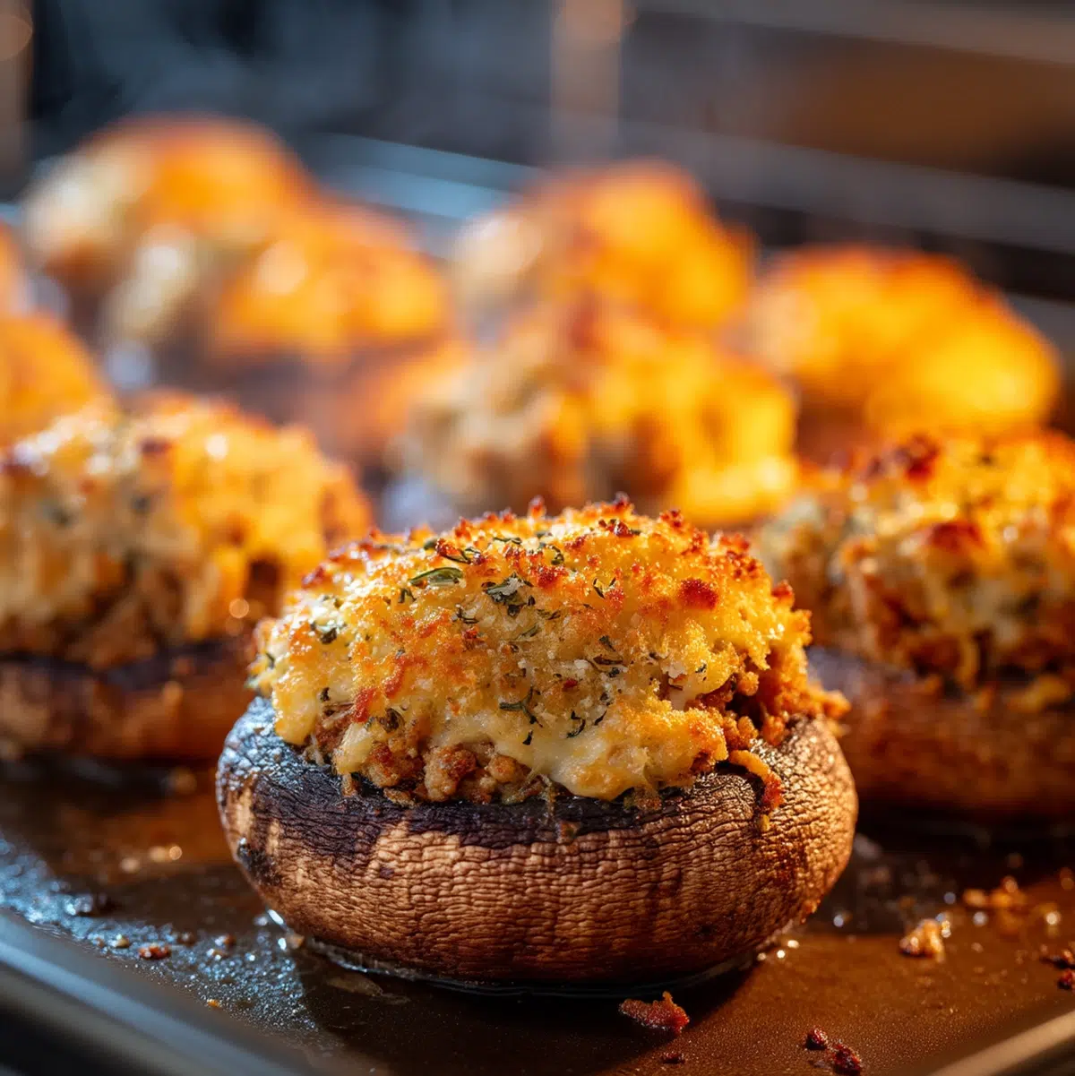 Portobello mushroom caps filled with beef and breadcrumb mixture topped with cheddar before baking - stuffed mushrooms recipe