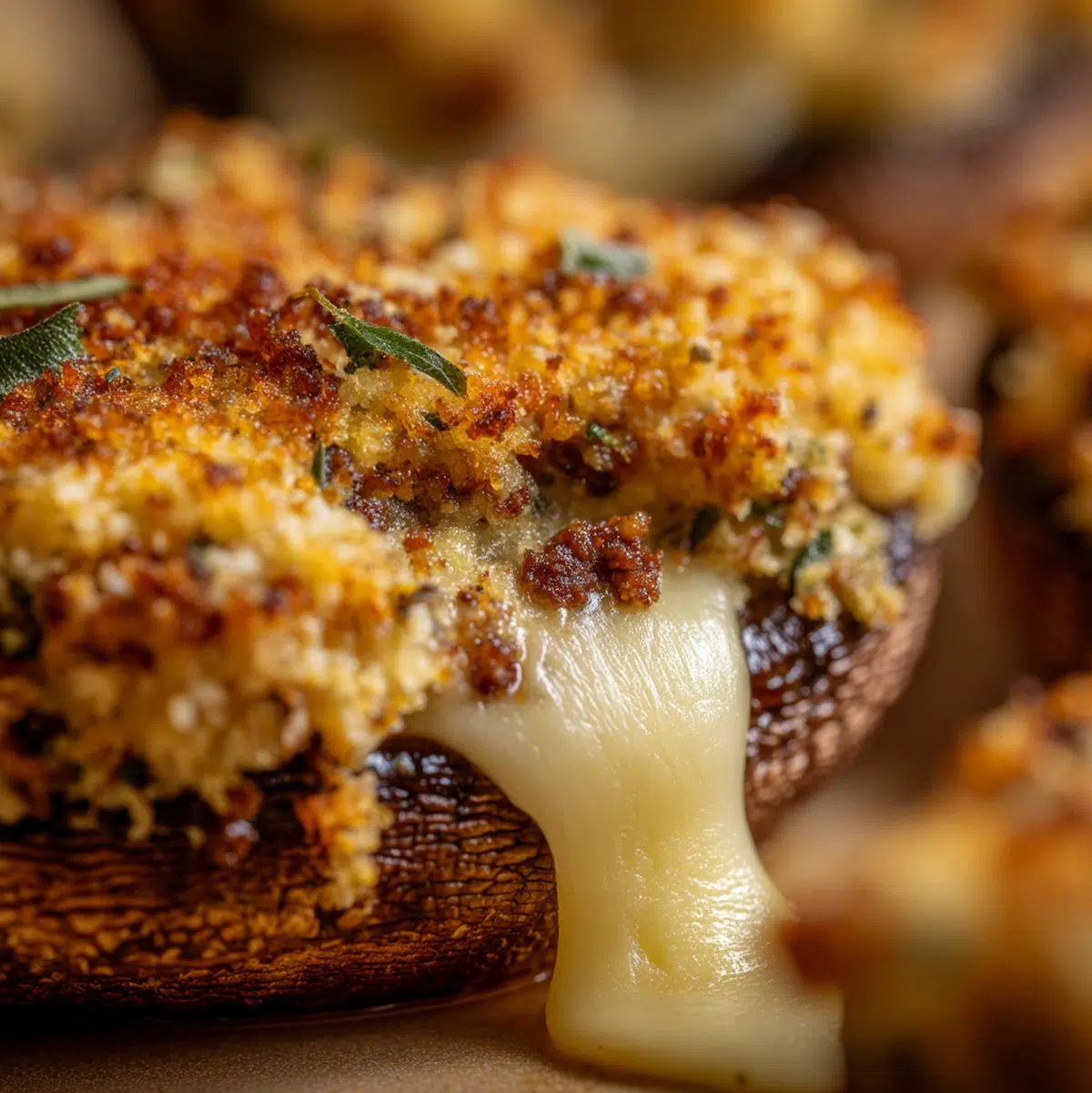 Close-up detail of baked stuffed mushroom cap showing melted cheddar and crispy breadcrumb texture - stuffed mushrooms recipe