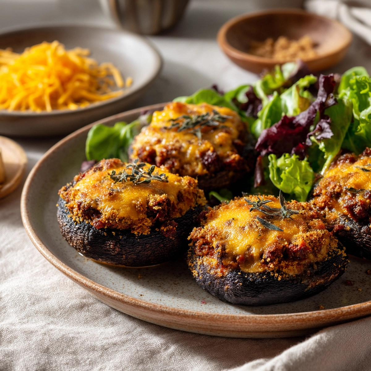 Plated stuffed mushrooms served alongside crusty bread and green salad on a dinner table - stuffed mushrooms recipe