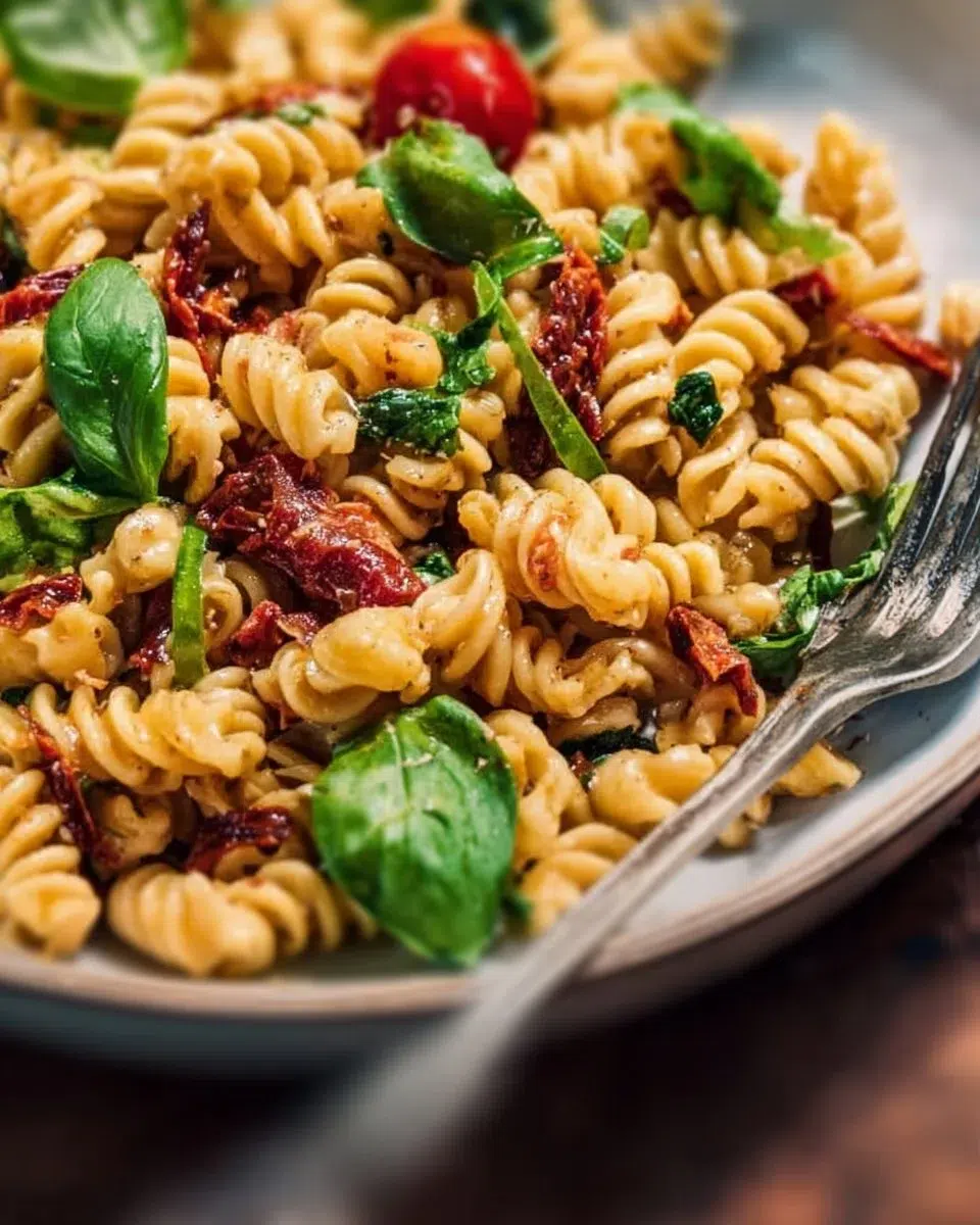 Colorful Sun Dried Tomato Pasta Salad with fresh ingredients and herbs.