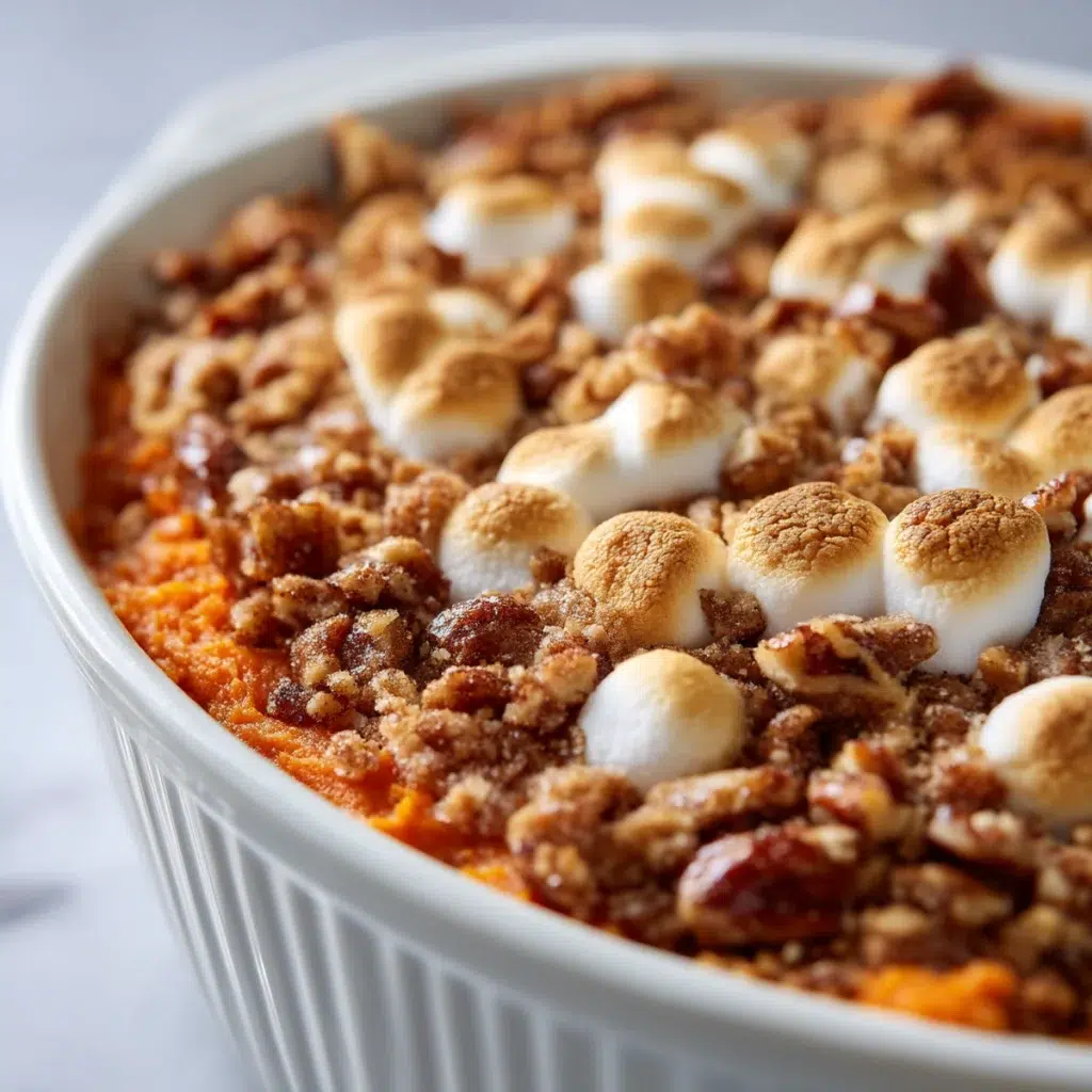 sweet potato casserole recipe hero shot 45 degree angle on bright table