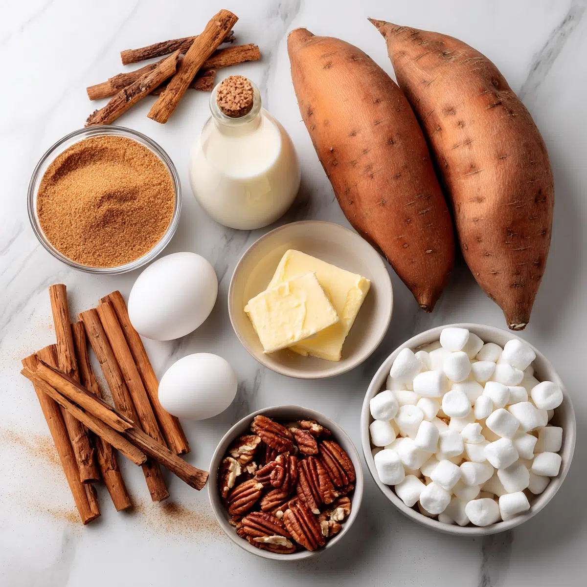 ingredients for sweet potato casserole recipe arranged in prep bowls overhead view