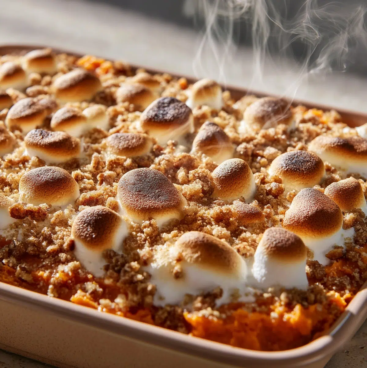 sweet potato casserole recipe cooking in a pan with steam rising on stovetop