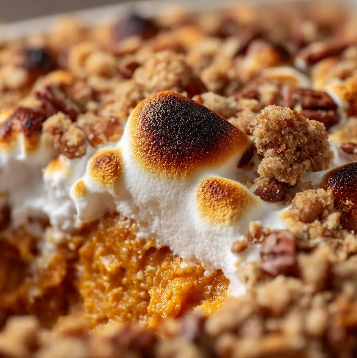close up macro shot of sweet potato casserole recipe showing texture and seasoning