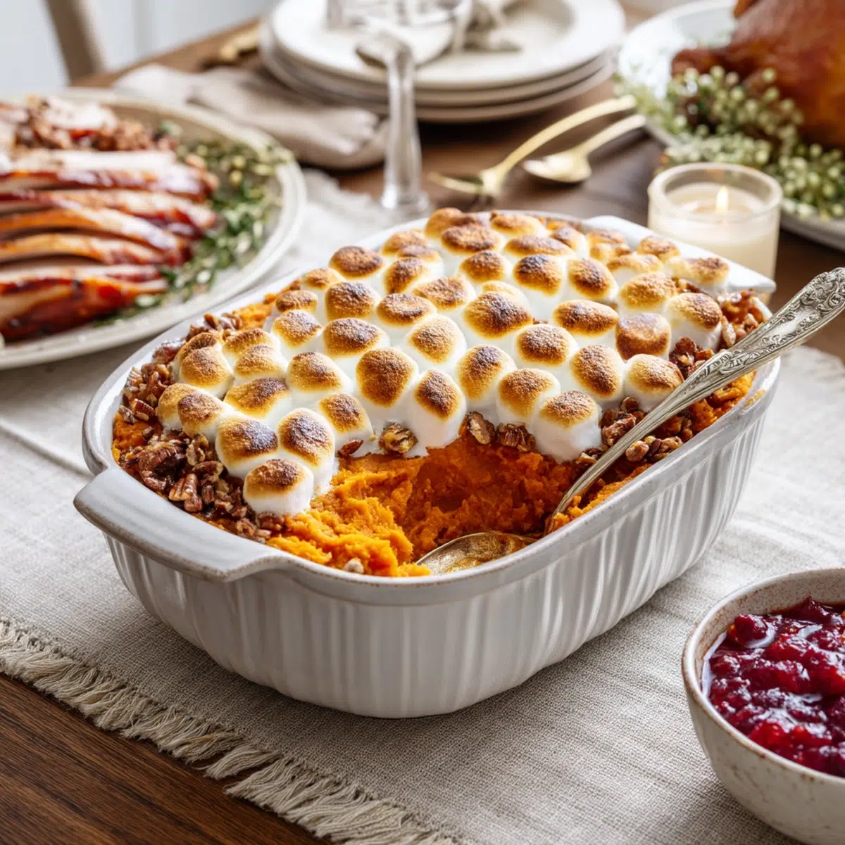 sweet potato casserole recipe served on a table with side dishes bright kitchen