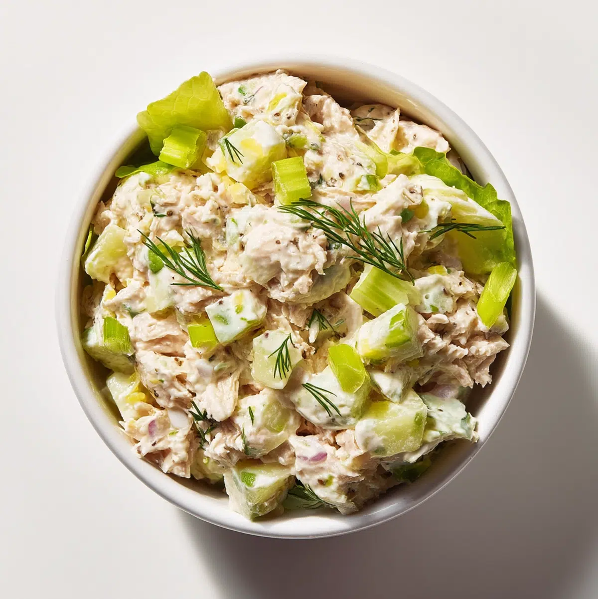 tuna salad recipe hero shot 45 degree angle on bright table