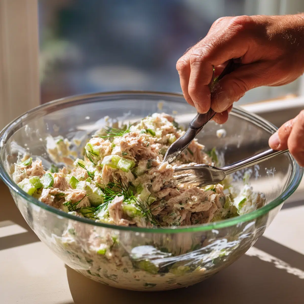 hands pressing well-drained canned tuna into a mixing bowl with a fork