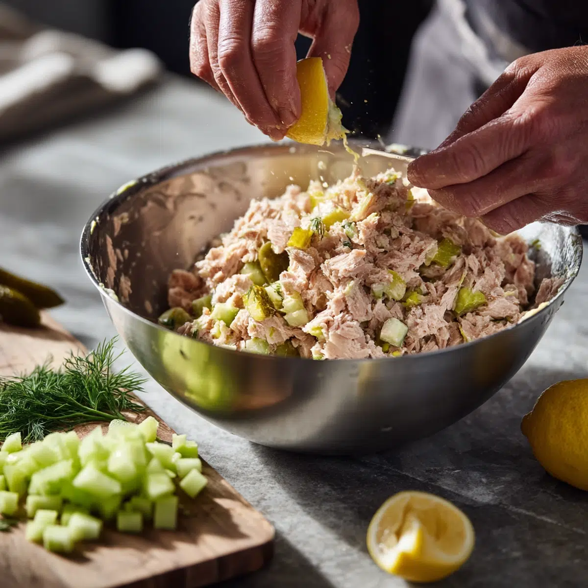 tuna salad mixture in bowl showing proper chunk texture and creamy mayo coating
