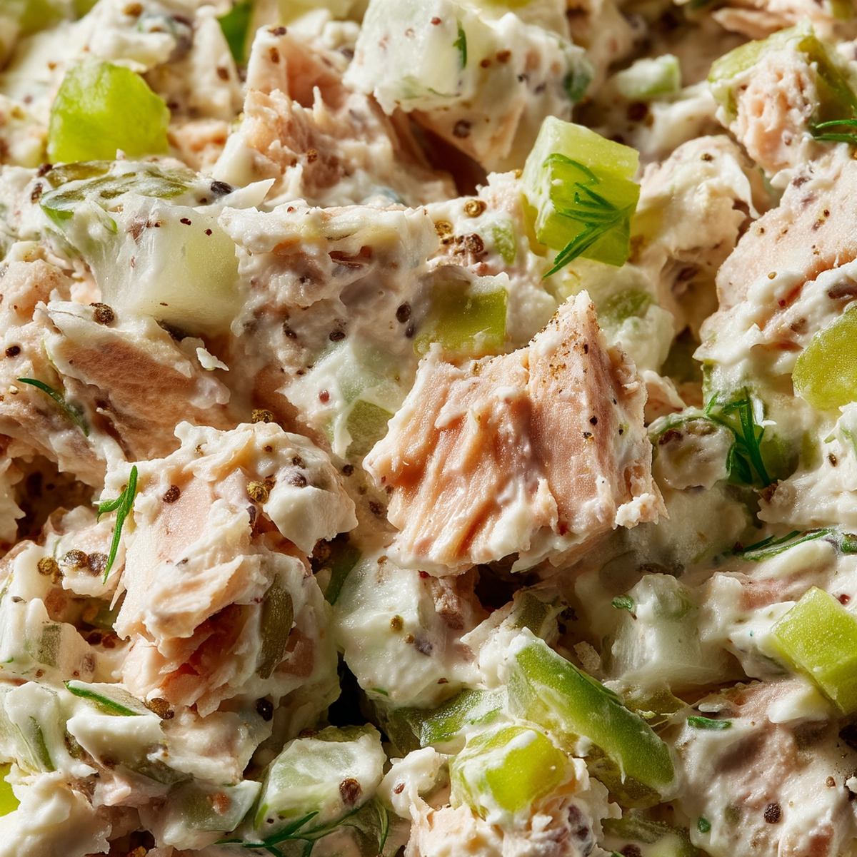 close-up detail of tuna salad recipe showing chunky tuna texture and dill pickle pieces
