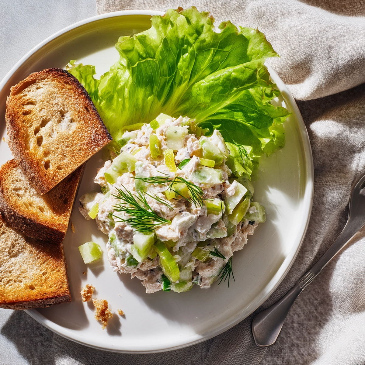 tuna salad recipe served on toasted bread with lettuce and tomato alongside crackers and a green salad