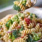 Ultimate broccoli pasta salad with colorful vegetables and pasta in a bowl