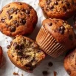 vegan banana chocolate chip muffins hero shot 45 degree angle on bright table