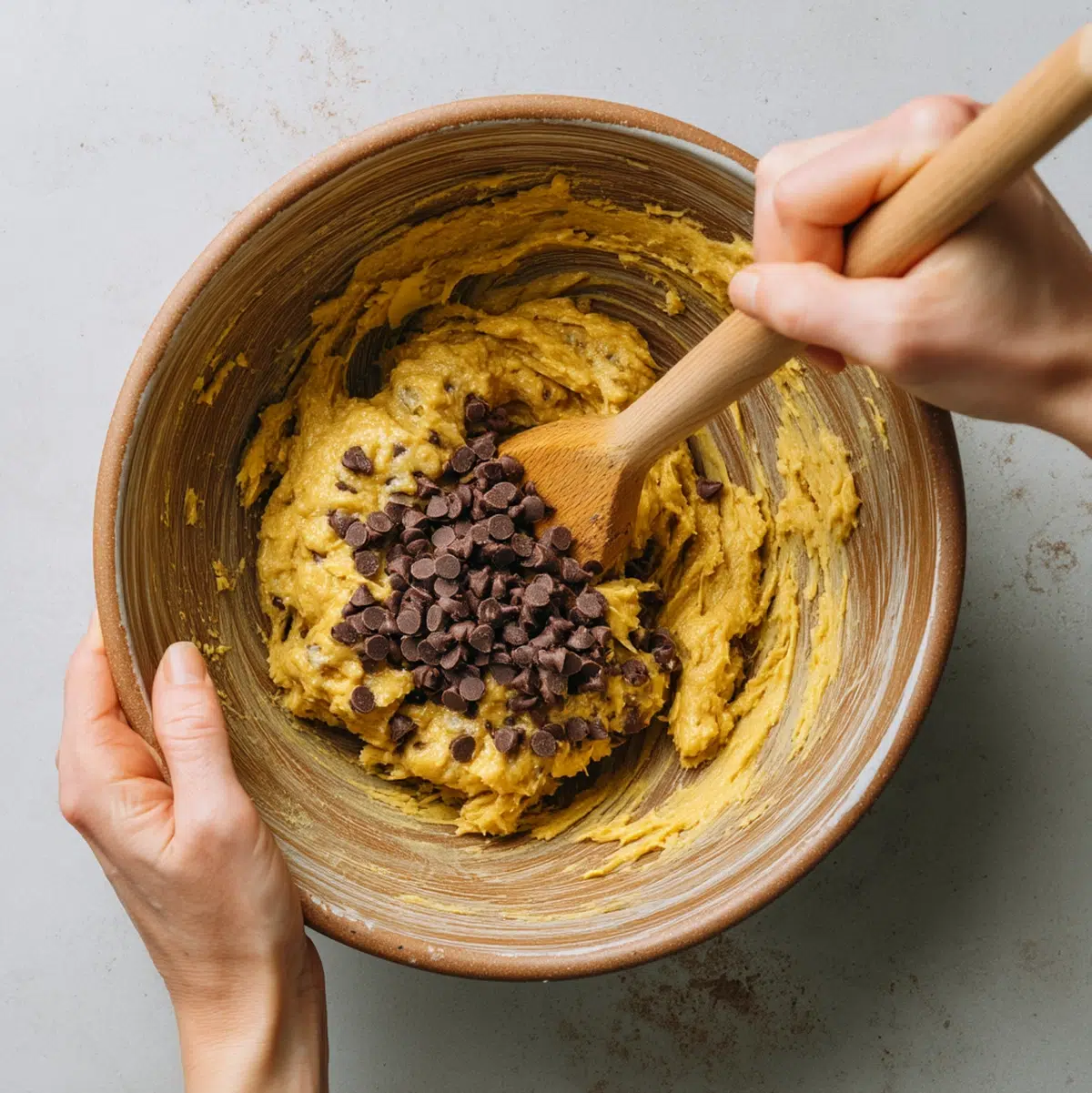 Hands mashing ripe bananas in a large bowl for vegan banana chocolate chip muffins