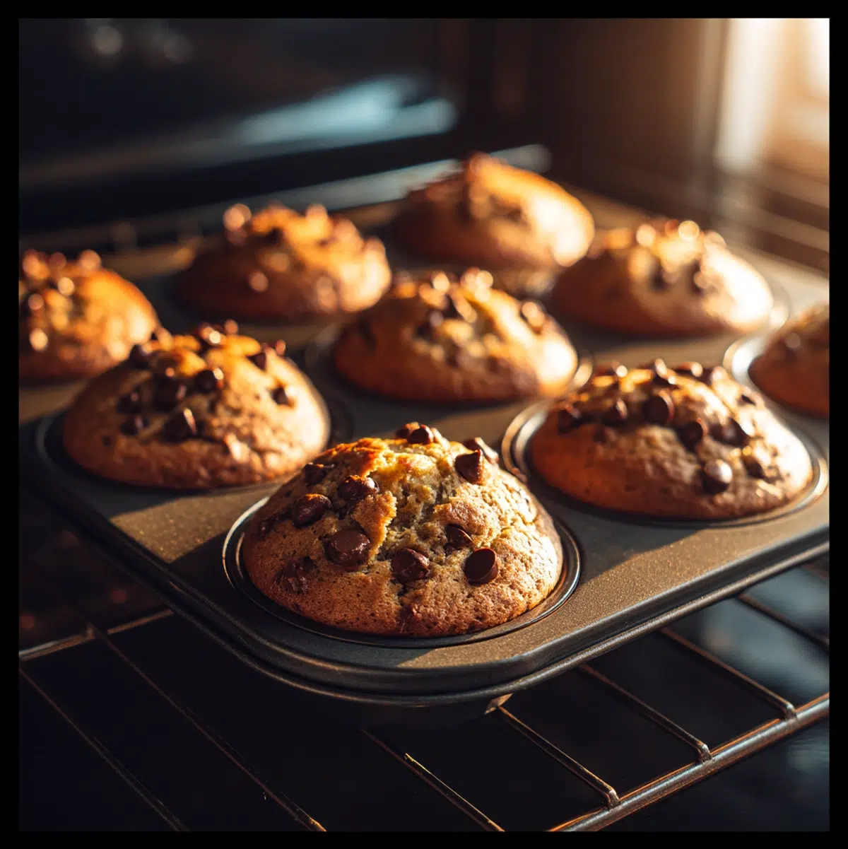 Vegan banana chocolate chip muffins baking in oven showing risen domes at the 20-minute mark