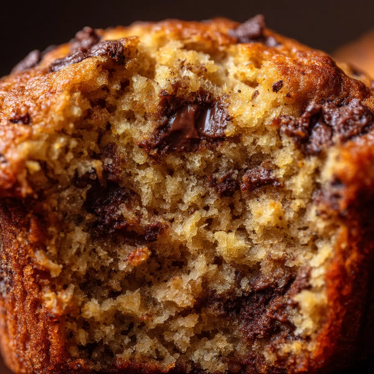 Close-up of vegan banana chocolate chip muffin crumb texture showing even, moist interior - vegan banana chocolate chip muffins