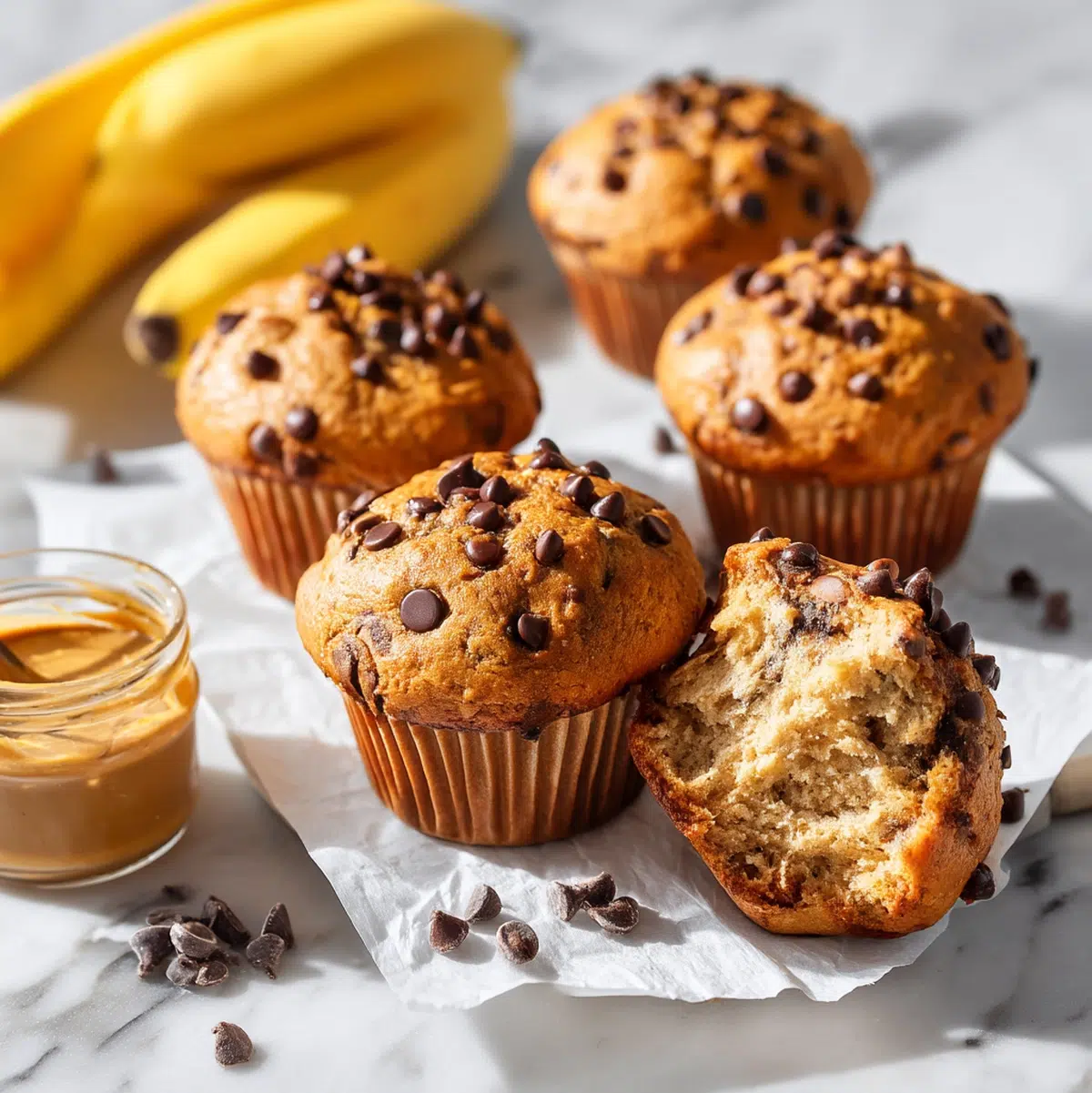 Vegan banana chocolate chip muffins served on a wooden board with almond butter and fresh fruit