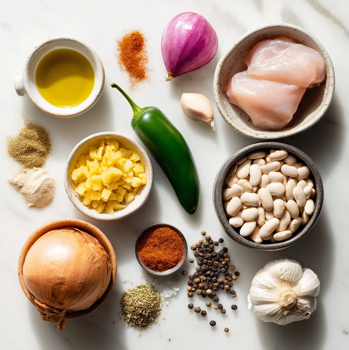 white chicken chili recipe ingredients flat-lay including cannellini beans, jalapeño, green chiles, and rotisserie chicken on a wooden surface