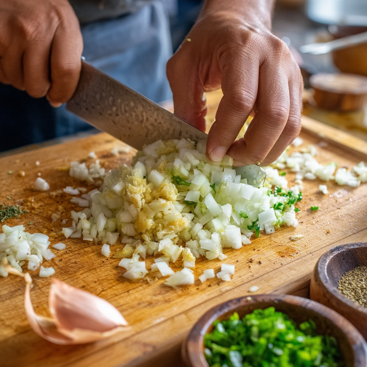 hands chopping jalapeño and yellow onion for white chicken chili recipe preparation