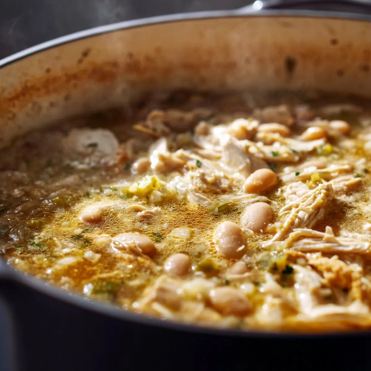 white chicken chili simmering in Dutch oven with beans visible in pale broth after mashing step - white chicken chili recipe