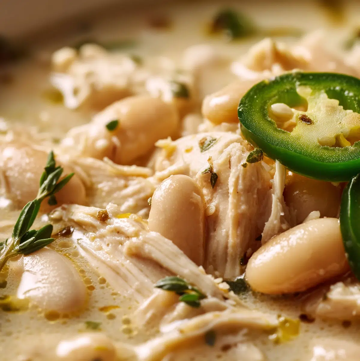 close-up texture detail of white chicken chili showing shredded chicken and whole cannellini beans in silky pale broth