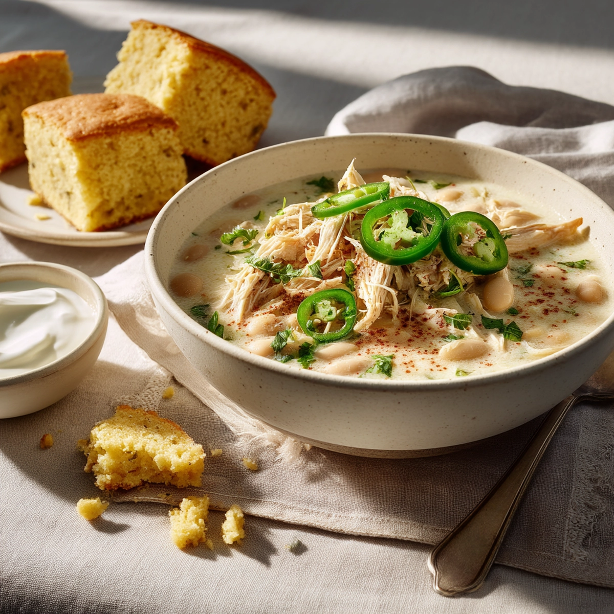 white chicken chili recipe served in bowls with tortilla chips, avocado, sour cream, and fresh cilantro on a table