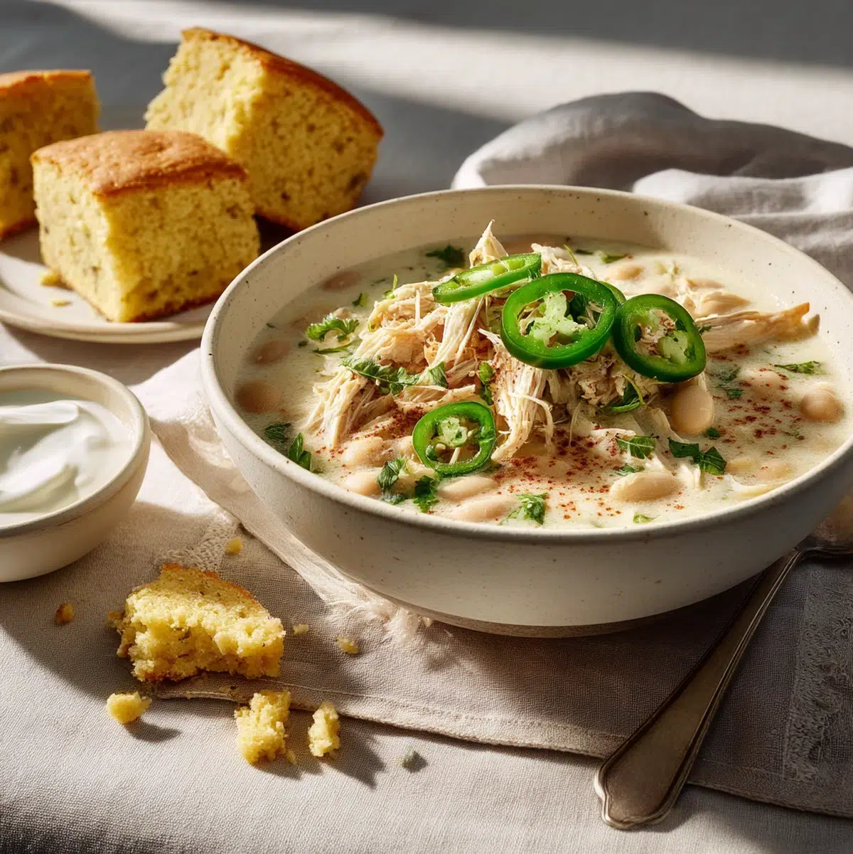 white chicken chili recipe served in bowls with tortilla chips, avocado, sour cream, and fresh cilantro on a table
