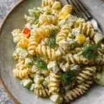 Bowl of zesty Dill Pickle Pasta Salad with fresh ingredients and dill garnish